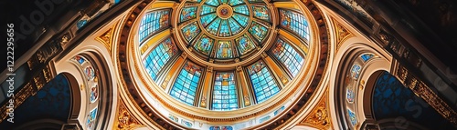 Stunning dome with colorful stained glass and intricate architecture details.