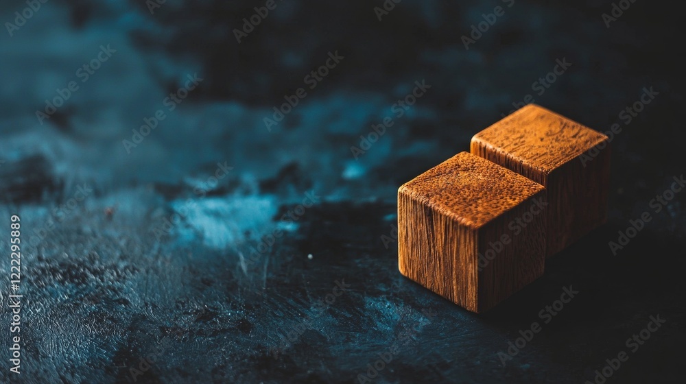 Minimalist wooden block on a textured blue background Minimalist wooden block on a textured blue background