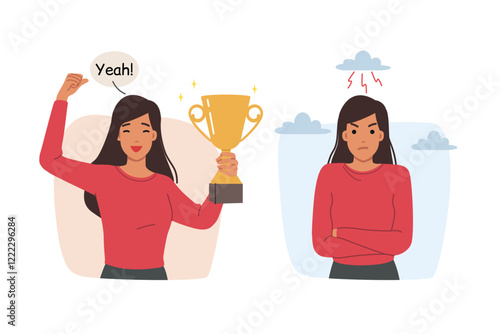 Winner woman shouts yeah and holds cup in hands, standing near losing competitor, showing resentment or envy. Contrast between winner and loser participating in competition on career ladder