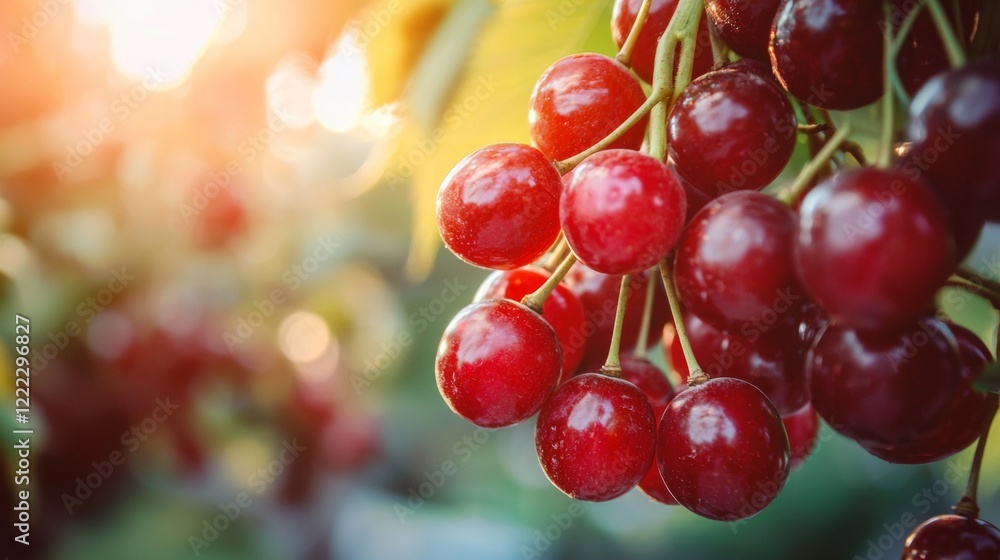 Close-up of fresh red cherries on a branch Close-up of fresh red cherries on a branch