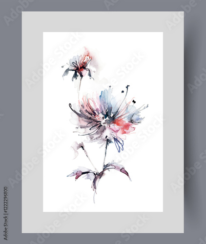 Dandelion flower with airy petals on white background, on watercolor poster to decorate walls of house. Spring flower grown in garden or in wild meadow in park for design of idyllic gift card