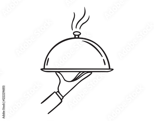 Waiter hand holding cloche serving plate doodle hand drawn icon. Outline drawing Waiter hand holding cloche serving plate line clipart symbol