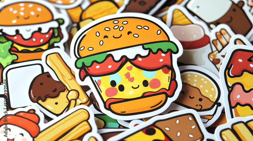 Obraz premium Fast food retro stickers, cute vintage labels. Funny characters of pizza, burger, french fries, hot dog, donut, croissant, ice cream, cola and cake, vector cartoon set in y2k style