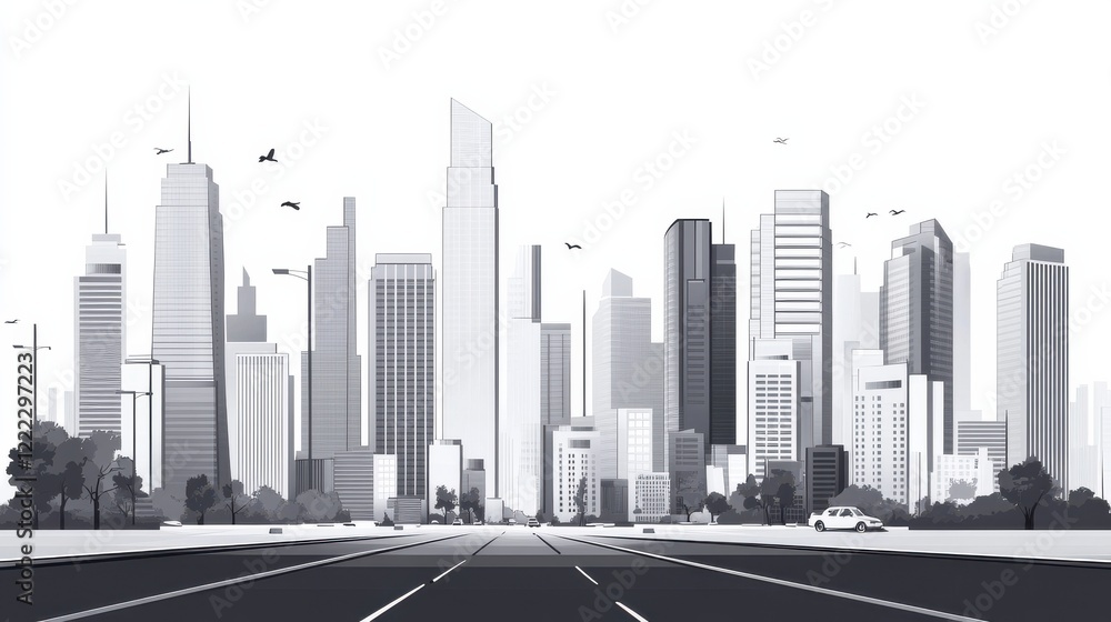 Fototapeta premium Black and White City Skyline with Empty Road and Minimalist Style