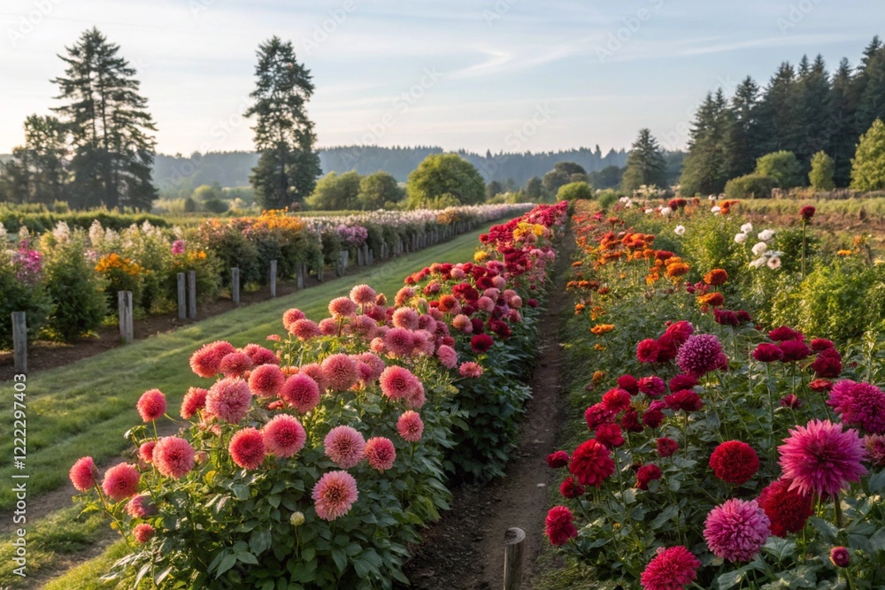 USA, Oregon, Canby, Swam Island Dahlias, Dahlia flower garden in full color USA, Oregon, Canby, Swam Island Dahlias, Dahlia flower garden in full color