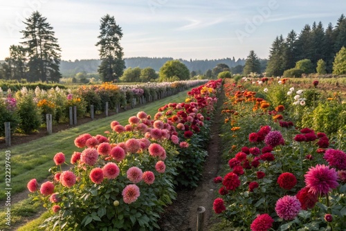USA, Oregon, Canby, Swam Island Dahlias, Dahlia flower garden in full color