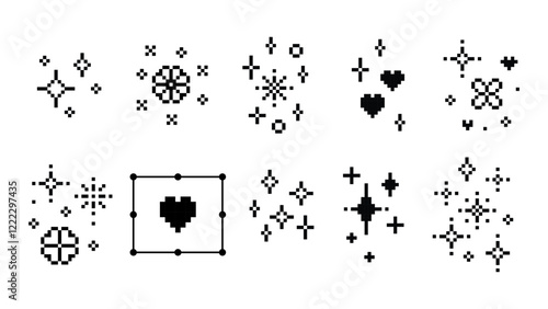 Glitter whimsical pixel art texture set. Star. Heart. Simple flower icon. Y2k sparkle icons. Mood of 90s. 8 bit retro style editable vector illustration. Simple geometric shape. Game abstract elements