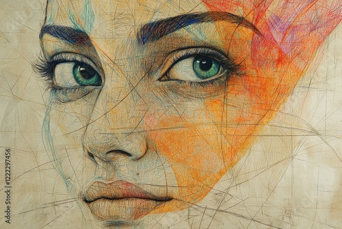 Wallpaper Mural A sketch illustrating piercing eyes gazing forward, surrounded by vibrant intersecting lines, embodying emotion, focus, and contemporary artistic expression. Torontodigital.ca