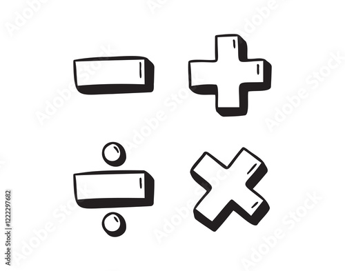 math symbols, divide and multiply, minus and plus doodle hand drawn icon. Outline drawing mathematical operations line clipart symbol