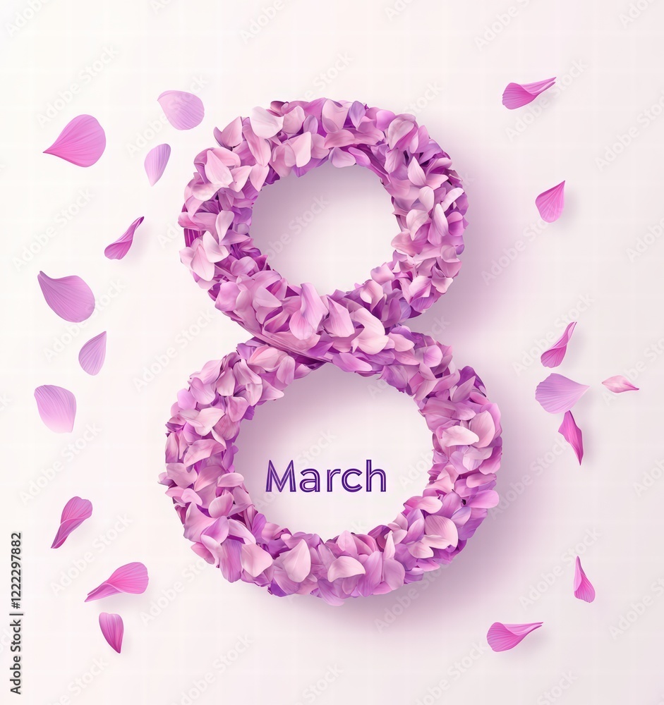Colorful 8th March poster design with number eight in the form of an infinity sign and flying petals on light purple background, Happy Women's Day concept Colorful 8th March poster design with number eight in the form of an infinity sign and flying petals on light purple background, Happy Women's Day concept