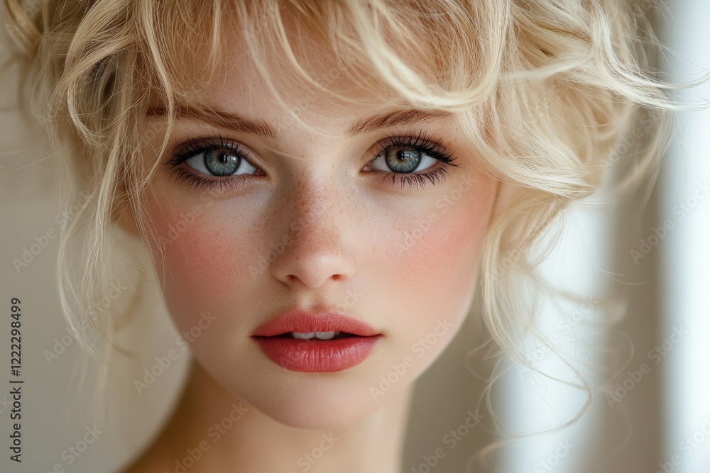 Closeup of a freckled woman with tousled blonde hair, captured in warm lighting. Her captivating gaze and rosy complexion convey a sense of warmth and beauty. Closeup of a freckled woman with tousled blonde hair, captured in warm lighting. Her captivating gaze and rosy complexion convey a sense of warmth and beauty.