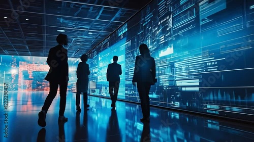 Business professionals observing digital data displays in a modern tech environment