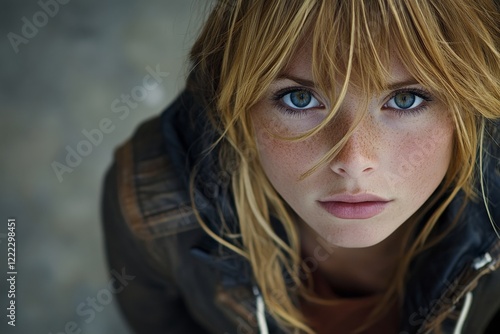 A dynamic portrait of a woman with freckles and an intense gaze, wearing a rugged jacket. The image captures an essence of strength and determination, with striking detal. photo