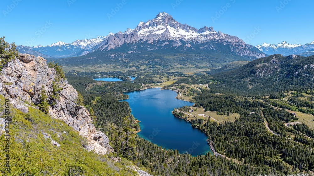 Mountain lake vista, scenic valley, summer sunlight, aerial view, travel postcard Mountain lake vista, scenic valley, summer sunlight, aerial view, travel postcard