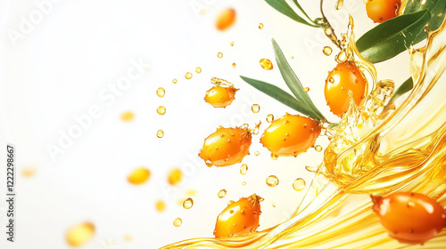 Sea buckthorn yellow ripe berries and green leaves, set isolated on white background. Collection of juicy sea-buckthorn fruit and liquid golden oil drops design element for food or cosmetics packaging
