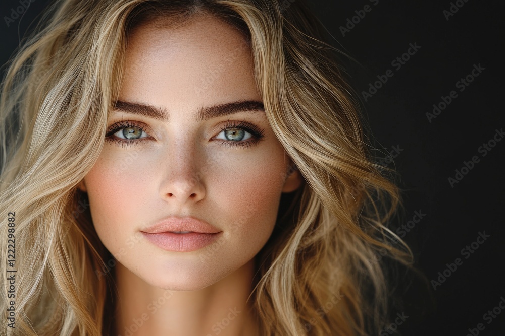 Beautiful portrait of a young woman with wavy blonde hair, exceptional blue eyes, and a serene expression, captured against a moody, dark background. Beautiful portrait of a young woman with wavy blonde hair, exceptional blue eyes, and a serene expression, captured against a moody, dark background.