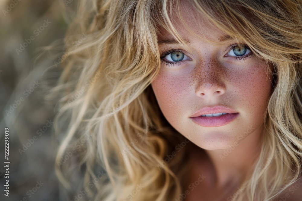 A blonde woman with soft curls stands in a natural setting, her piercing eyes reflecting strength and poise, accentuated by the serene surrounding environment. A blonde woman with soft curls stands in a natural setting, her piercing eyes reflecting strength and poise, accentuated by the serene surrounding environment.