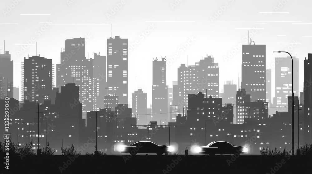 Fototapeta premium Black and White City Skyline with Silhouetted Cars at Dusk