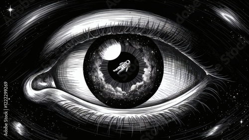 ~vision verse

A black-and-white close-up sketch of an eye with a surreal depiction of deep space in the pupil
A small astronaut