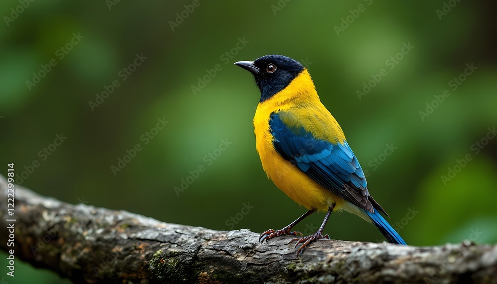 Fototapeta premium Vibrant Yellow Blue Bird Perched Tree Branch Green Background