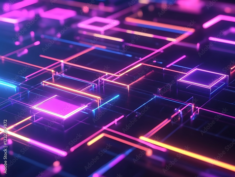 Obraz premium 3D Abstract Shapes with Neon Lights Forming a Grid Pattern in Vibrant Pink and Blue Colors, Futuristic Digital Background with a Tech Aesthetic