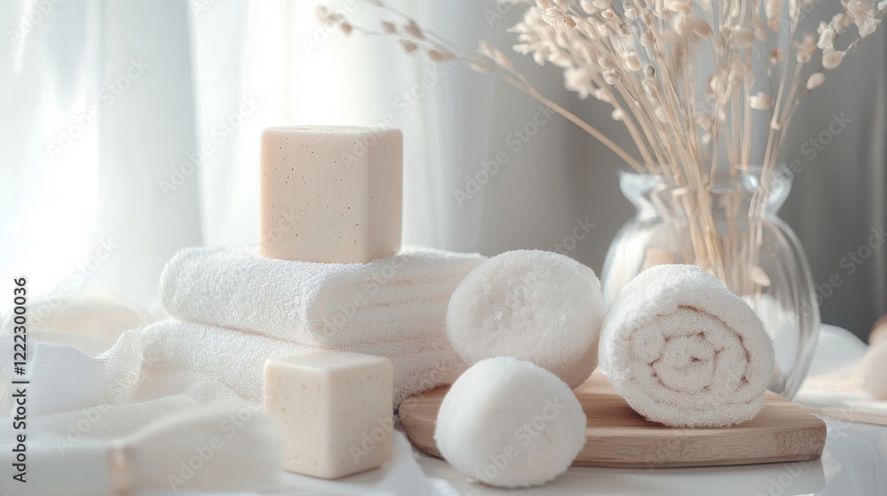 Spa essentials with towels and candles in soft light