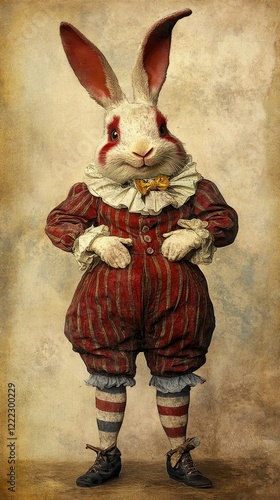 Whimsical Anthropomorphic Rabbit Clown in Vintage Costume, Charming Carnival Theme, Fantasy Art, Animal Character Portrait, Generative AI photo