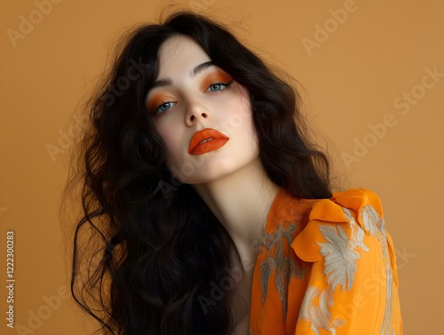 woman long curly dark brown hair orange top gold background