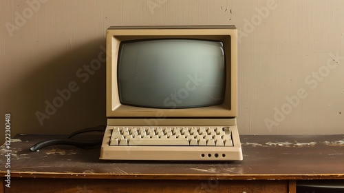 A nostalgic old computer, boasting a bulky form, a cathode - ray tube monitor, and a clunky keyboard. A relic from the early days of computing technology, representing an era of technological evolutio photo