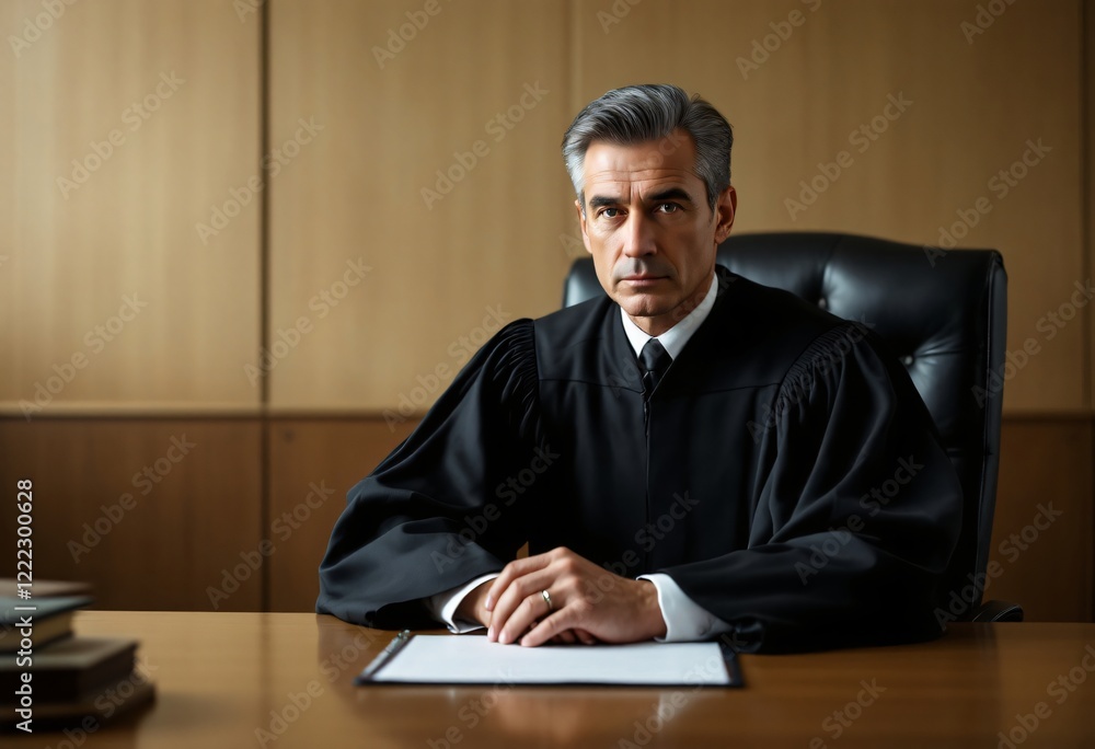 Professional judge in black robe seated at wooden desk in courtroom. Legal authority figure in formal judicial setting. Justice system representation for law firm, courthouse marketing Professional judge in black robe seated at wooden desk in courtroom. Legal authority figure in formal judicial setting. Justice system representation for law firm, courthouse marketing