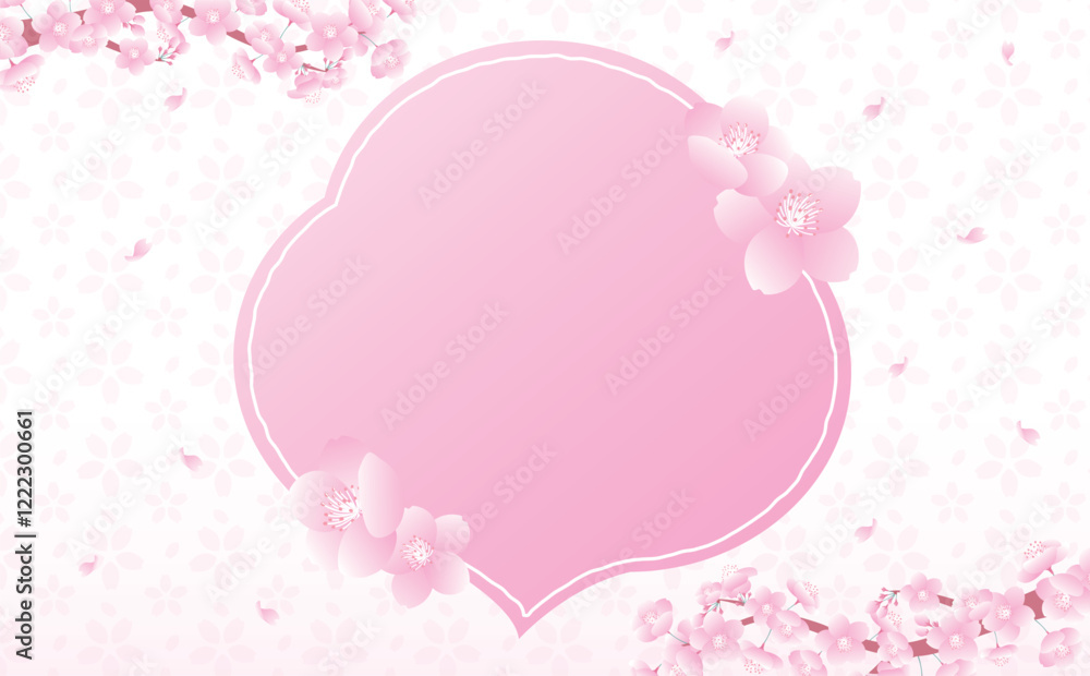 カードやバナー広告に使いやすい春の桜の花びらが舞うおしゃれな吹き出し付き背景・バックグラウンドフレーム素材 カードやバナー広告に使いやすい春の桜の花びらが舞うおしゃれな吹き出し付き背景・バックグラウンドフレーム素材