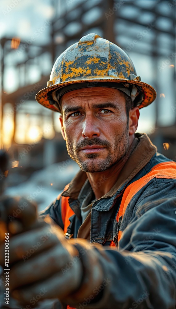 Caucasian male construction worker with hard hat in industrial setting Caucasian male construction worker with hard hat in industrial setting
