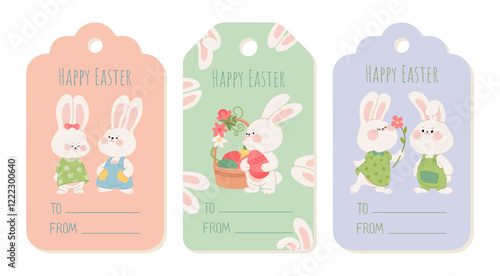 Easter gift tag set with cute bunny couples. Collection of labels with Easter rabbits and flowers. Templates for wrapping gifts, custom cards, and present packaging decor. Flat vector illustration
