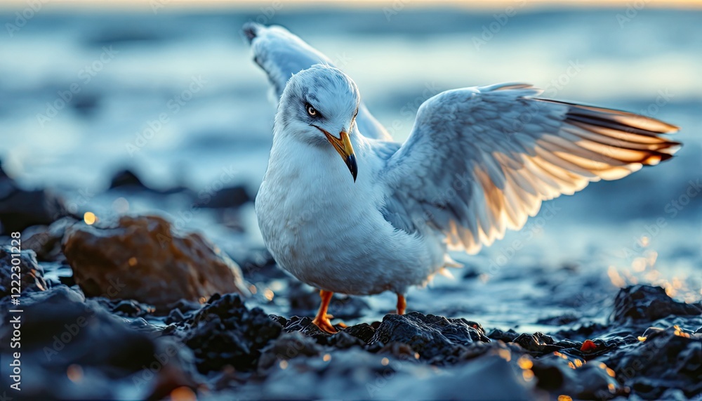Obraz premium Seagull spreading wings on rocky shore at sunset with ocean waves in background