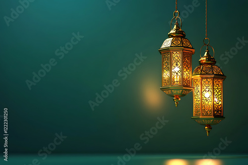arabic lantern of ramadan celebration background  group of hanging Ramadan lanterns  green background  islamic  ramadan Kareem  eid mubarak  eid al adha  eid al fitr  3d rendering  generative ai