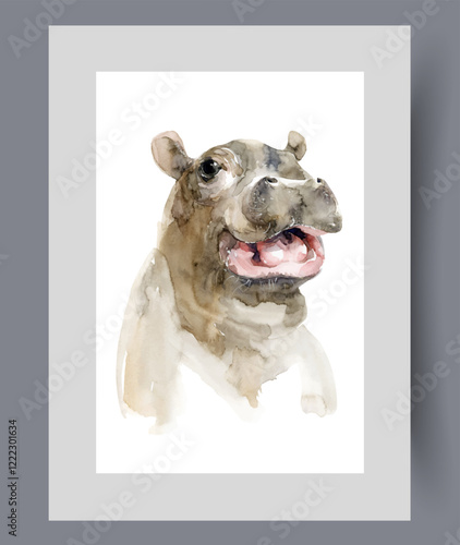 Cute baby hippopotamus opening mouth slightly showing positive emotions on wall art. Watercolor artwork. Print with hippopotamus from zoological reserve with animals, in frame with decor for poster