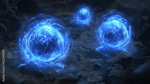 Force shield bubbles, energy glowing blue balls, spheres, defense fields. Science fiction glowing deflector elements, firewall absolute protection isolated on black background, Realistic 3d vector set photo