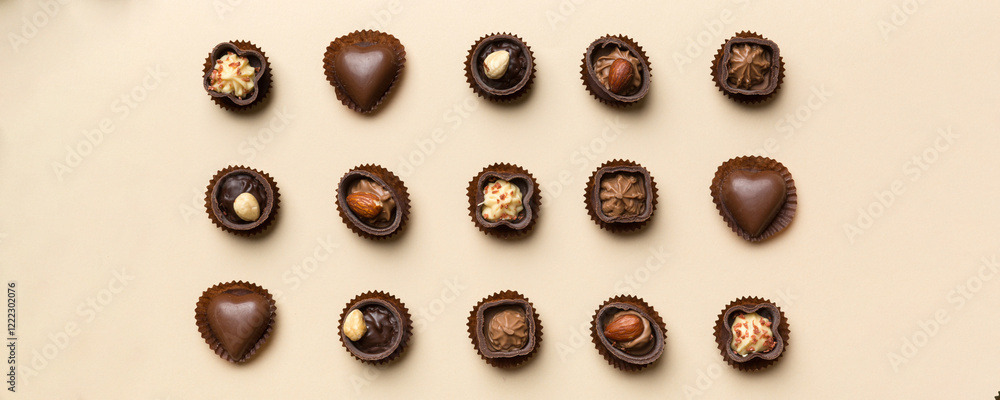 Fototapeta premium Different kinds of chocolates on colored table close-up. Top View and Flat Lay