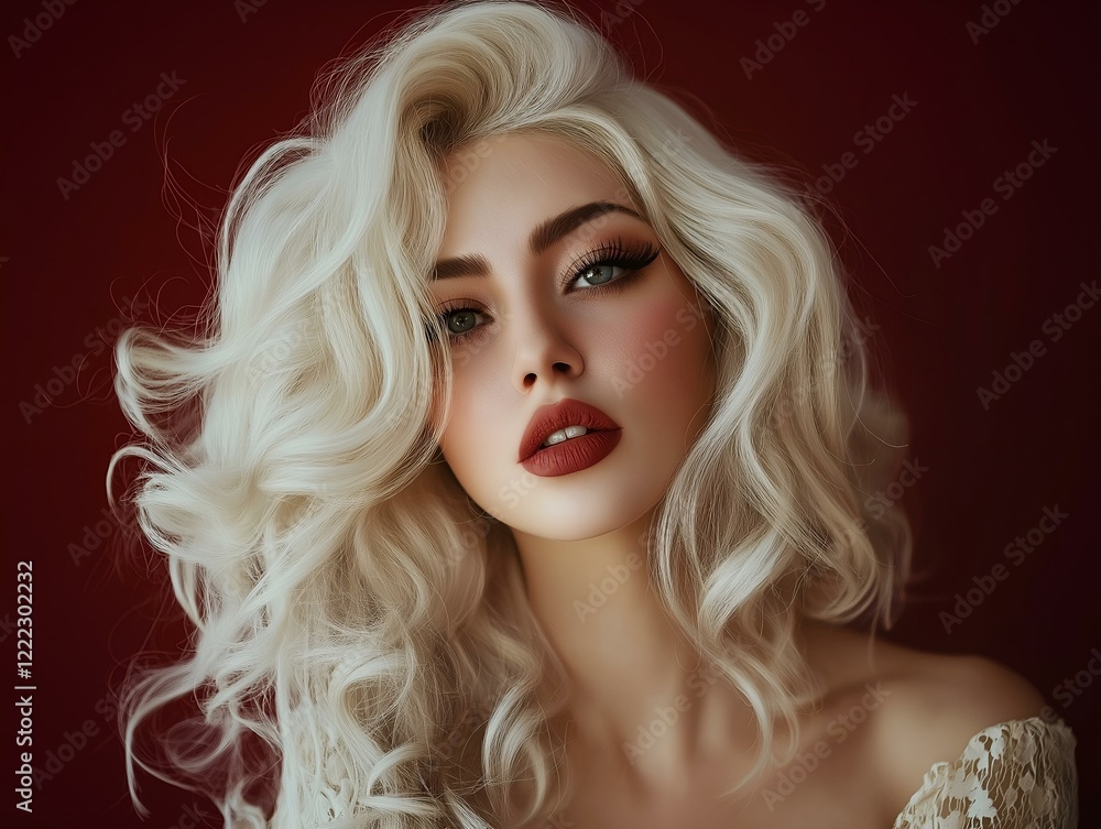 Fototapeta premium woman long blonde hair red background dramatic lighting intense gaze