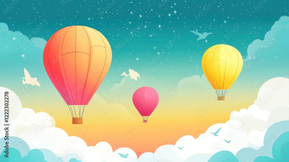 Fototapeta premium Colorful Hot Air Balloons Floating Above Dreamy Clouds at Sunset