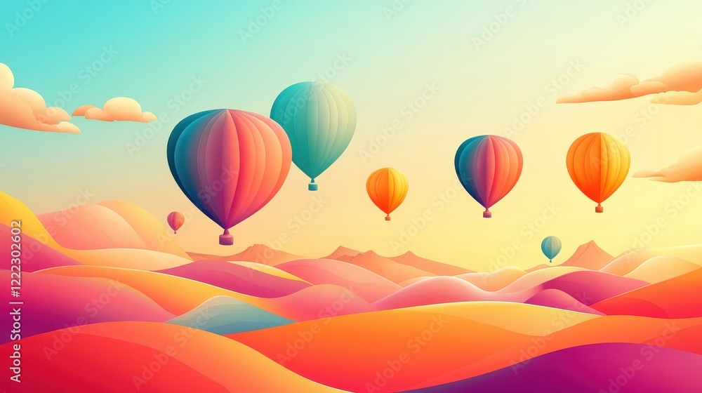Fototapeta premium Colorful Hot Air Balloons Floating Over Vibrant Rolling Hills Landscape