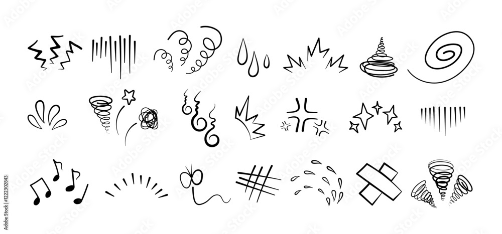 Obraz premium Manga or anime comic emoticon element graphic effects hand drawn doodle vector illustration set isolated on white background. Line style manga doodle line expression scribble anime mark collection.