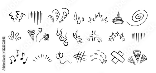 Manga or anime comic emoticon element graphic effects hand drawn doodle vector illustration set isolated on white background. Line style manga doodle line expression scribble anime mark collection.
