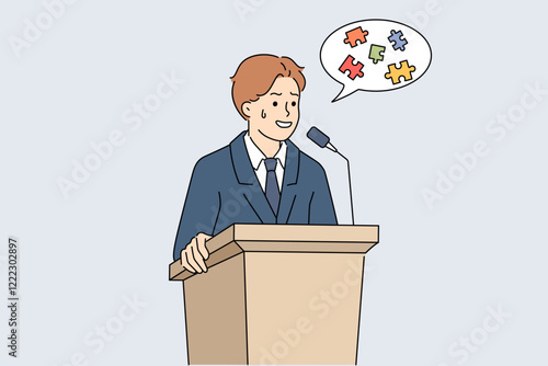 Glossophobia in man speaking in front of audience, and suffering from confusion in thoughts