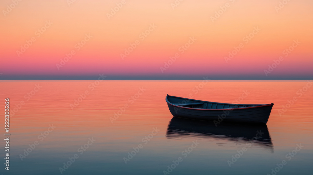 serene boat silhouette on calm water during colorful sunset, reflecting hues of pink and orange. tranquil scene evokes sense of peace and solitude serene boat silhouette on calm water during colorful sunset, reflecting hues of pink and orange. tranquil scene evokes sense of peace and solitude