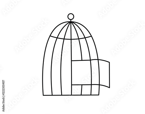 Open cage concept line doodle icon. Flat concept open cage of liberation, freedom sticker. Isolated on white background.