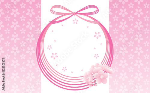 桜まつりなど日本風タイトルに使える水引と春の桜の花びらの和風柄背景フレーム素材