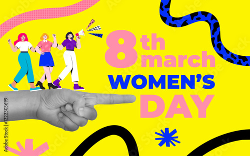 Modern halftone collage for international women's day. March 8 concept. Banner template for International women's day, feminism, protest, gender equality. Vector illustration photo