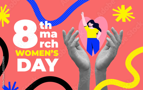 Modern halftone collage for international women's day. March 8 concept. Banner template for International women's day, feminism, protest, gender equality. Vector illustration