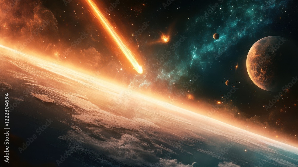 Obraz premium Cosmic Scene of Asteroid Impact with Stunning Planetary Background